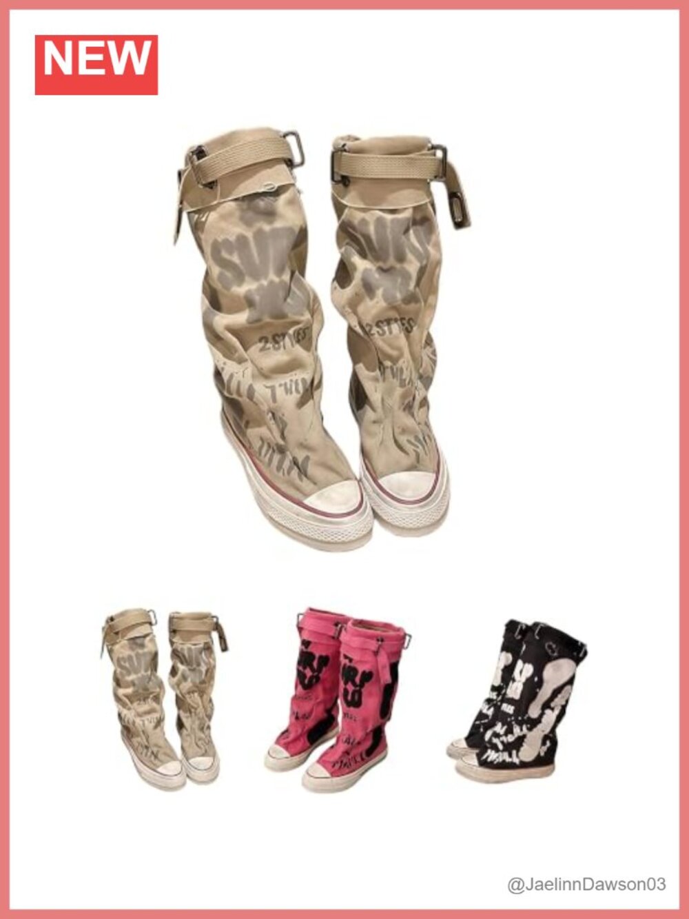 Canvas Knee-High Boots with Buckle, Round Toe, Distressed Sole